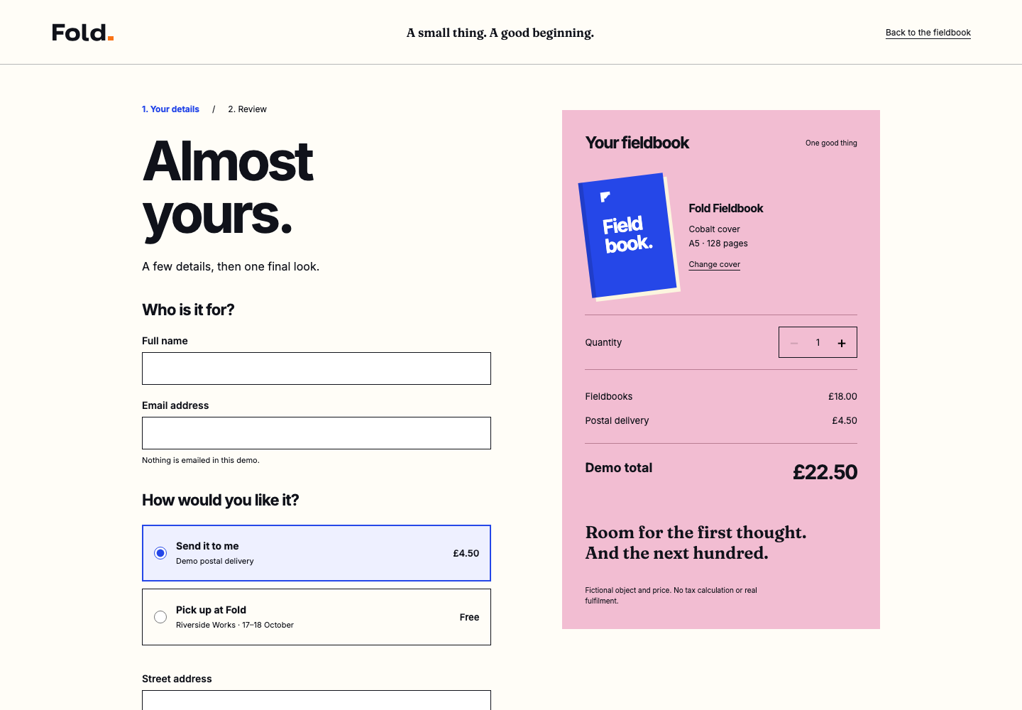 Rendered checkout form from the Fold collection