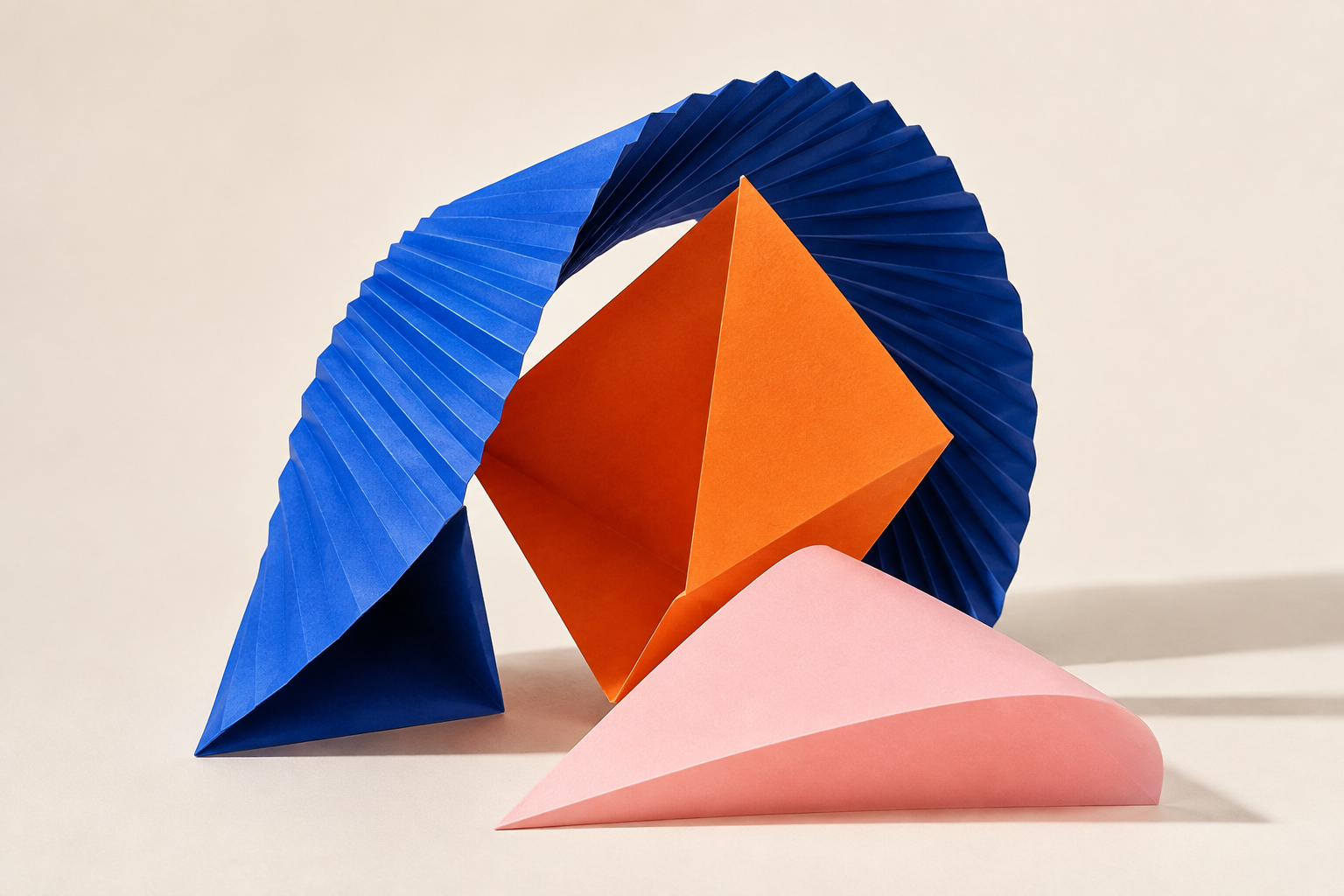 Original cobalt, orange and pink folded-paper sculpture