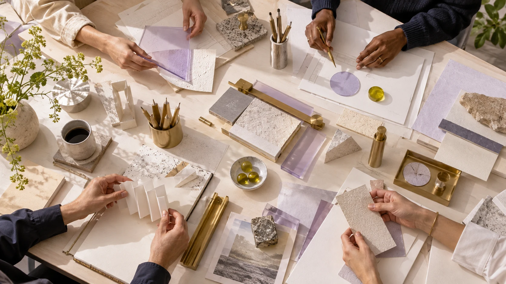 Hands arranging notes and paper tools around a shared workshop table.
