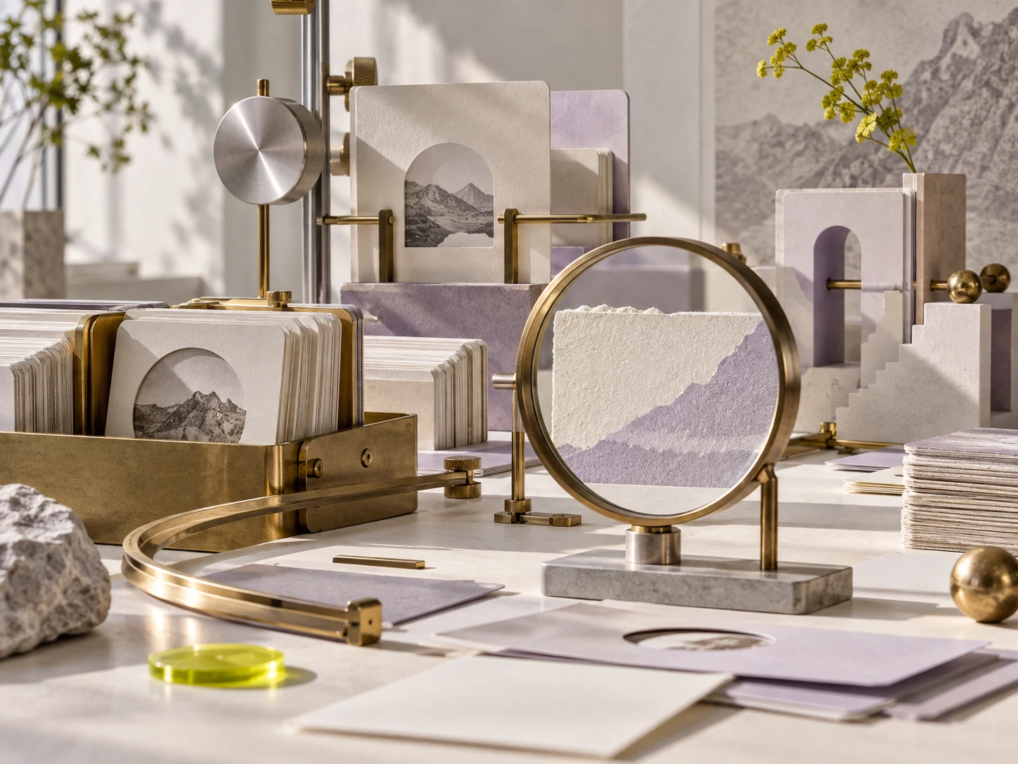 Paper research cards and a sculptural brass tool, an illustrative artifact.