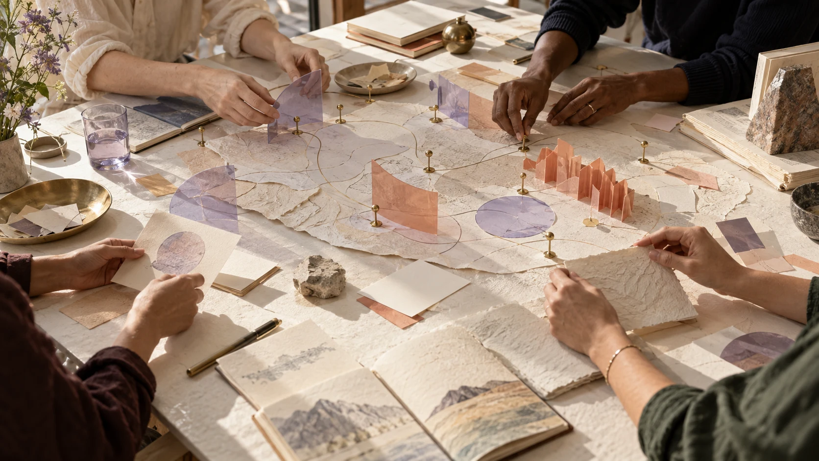Illustrative collaboration around a workshop table.