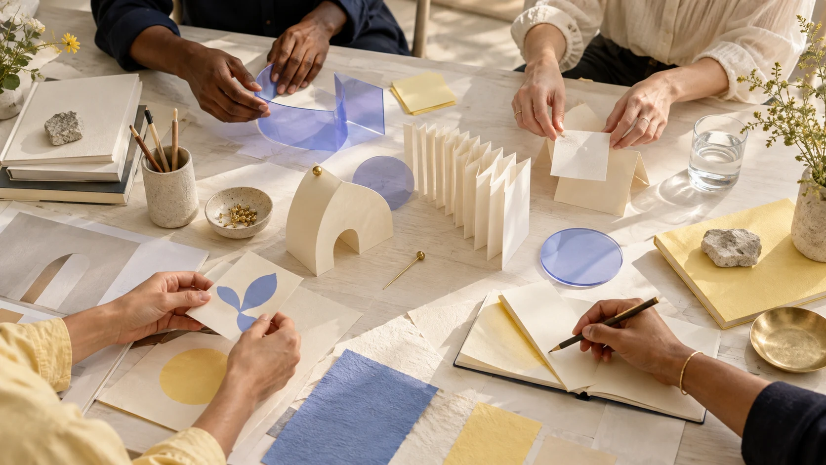 Hands arranging paper cards and notebooks together around a warm workshop table.