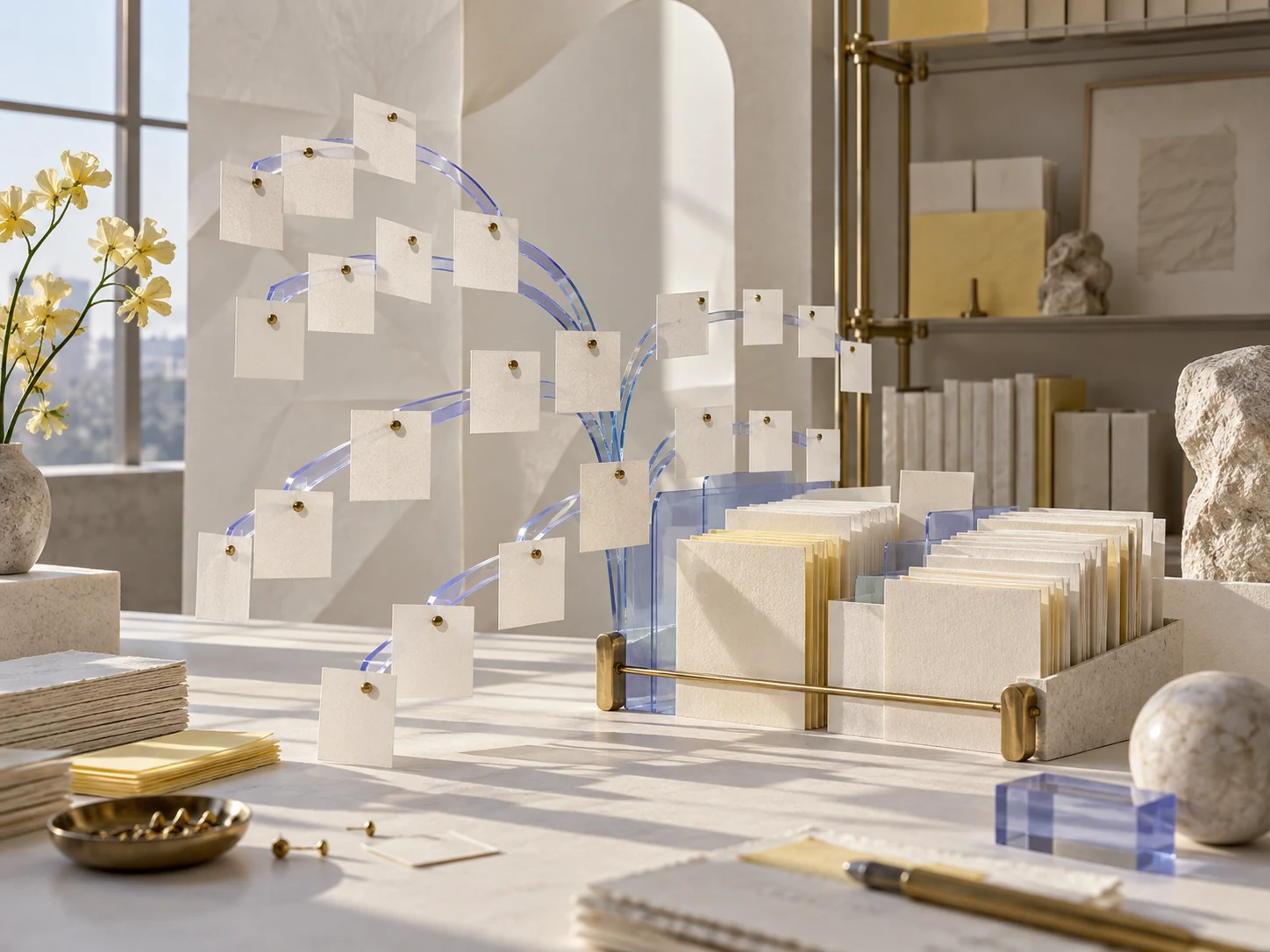 Sculptural paper mechanism representing an evidence bank.